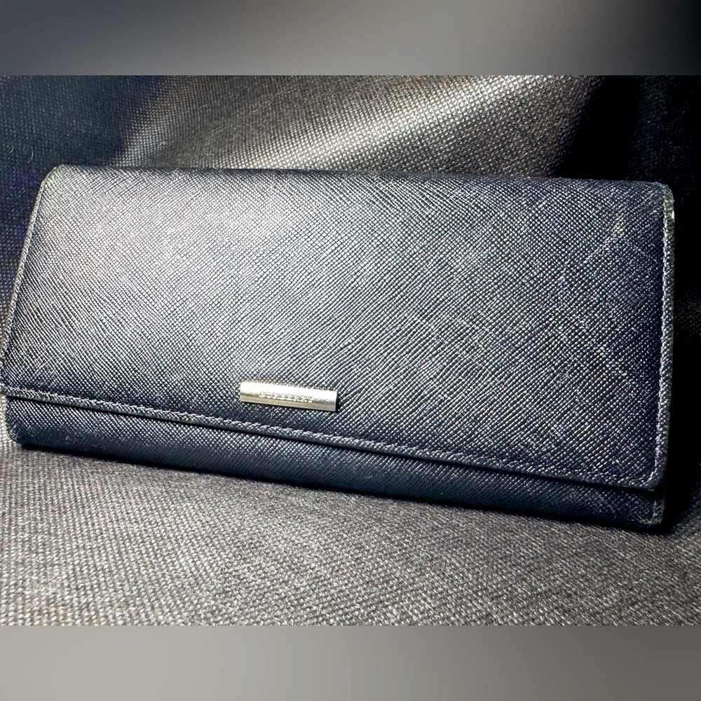 Burberry Black Saffiano Leather Continental Wallet Plaid Interior Rare - Picture 2 of 14
